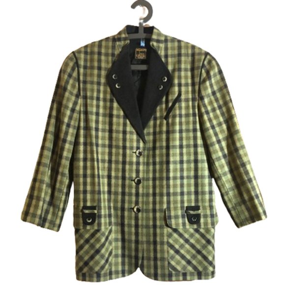 Vintage 90s wool checkered olive green and black blazer jacket, Plus size - Picture 1 of 16